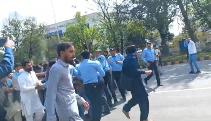 Dismissed government employees protest in Red Zone Islamabad