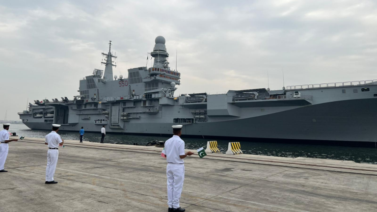 Italian Navy aircraft carrier arrives at Karachi naval station