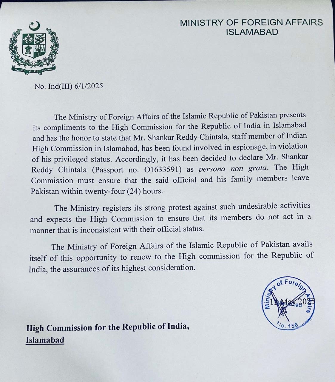 Pakistan expels Indian diplomat over espionage allegations