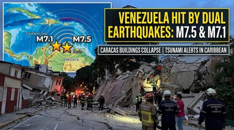 Collapsed buildings and debris in Caracas following the 7.5 magnitude Venezuela earthquake.