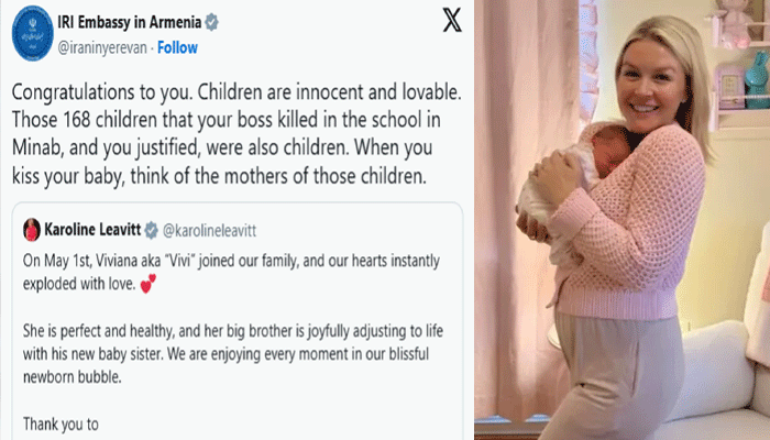 وائٹ ہائوس کی ترجمان کے ہاں بیٹی کی  پیدائش پر ایران نے مبارکباد کیساتھ  سکول میں معصوم شہید بچوں کی یاد دلادی